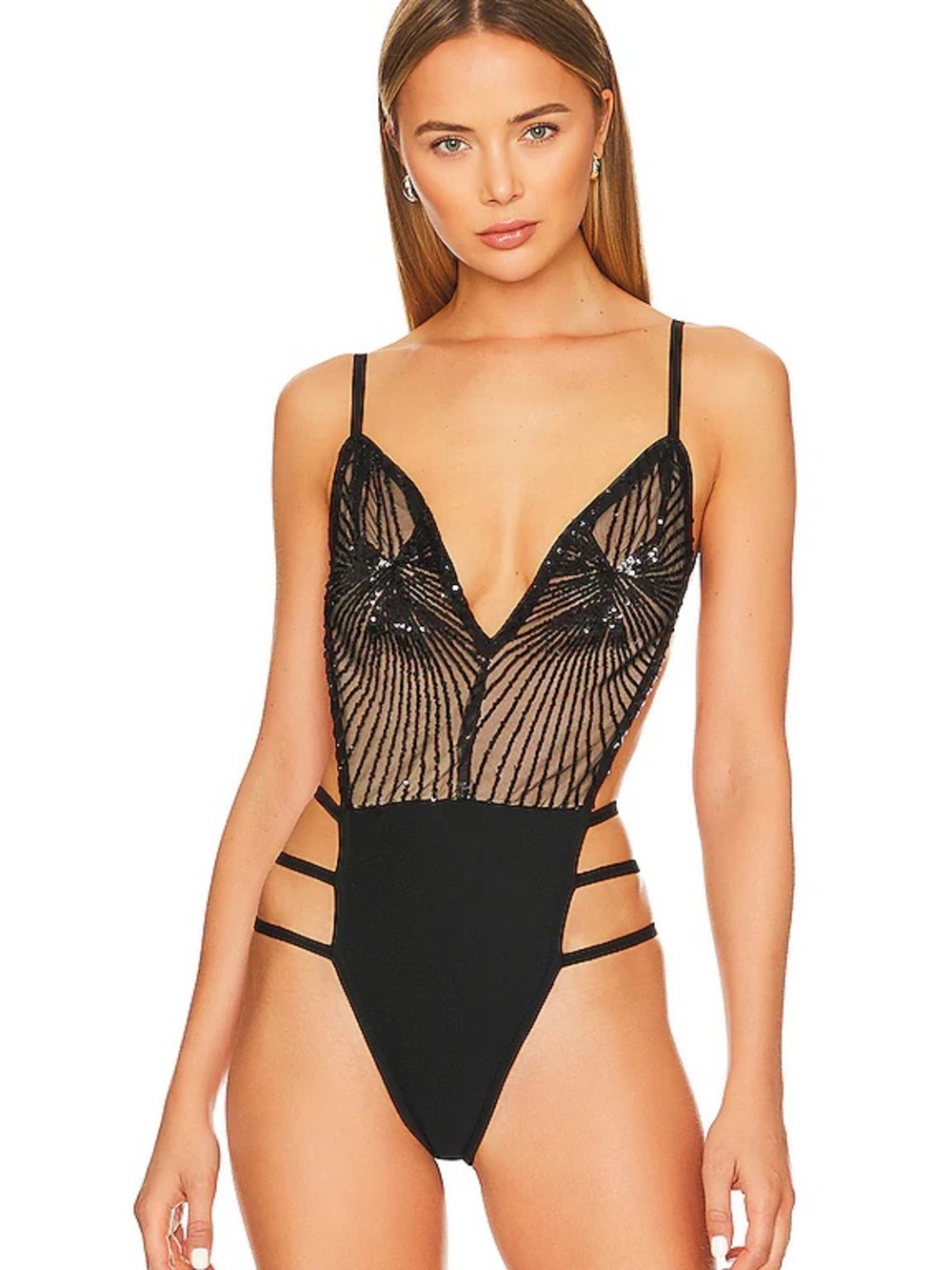 NWT Superdown Lucinda Embellished Bodysuit Midnight Black - S
